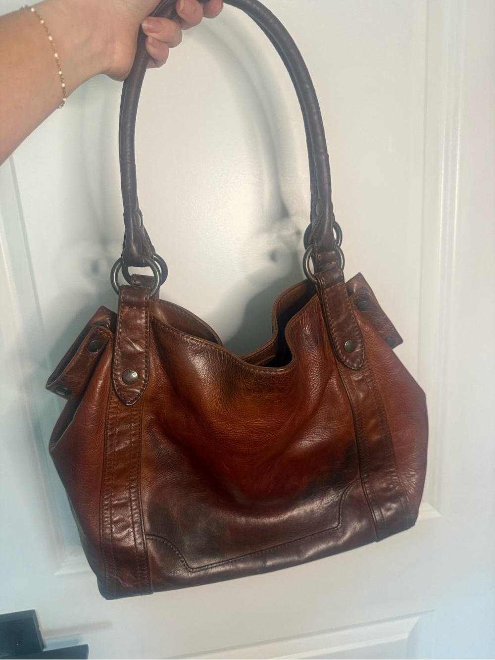 Frye Melissa Brown Leather Tote Bag Shoulder Purse Distressed Cognac